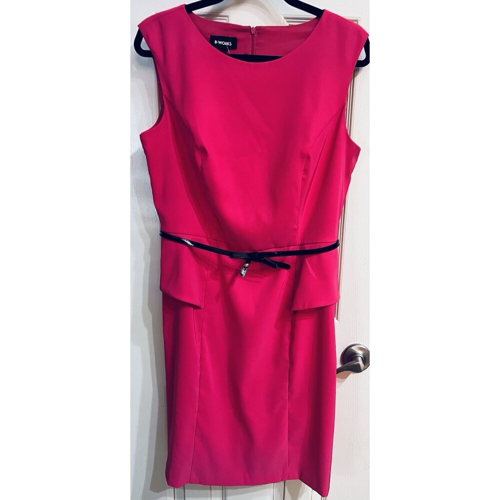 B-WORKS 12 Pink/Black Sheath Dress Scoop Neck Belt Bow Stretch Sleeveless NWT